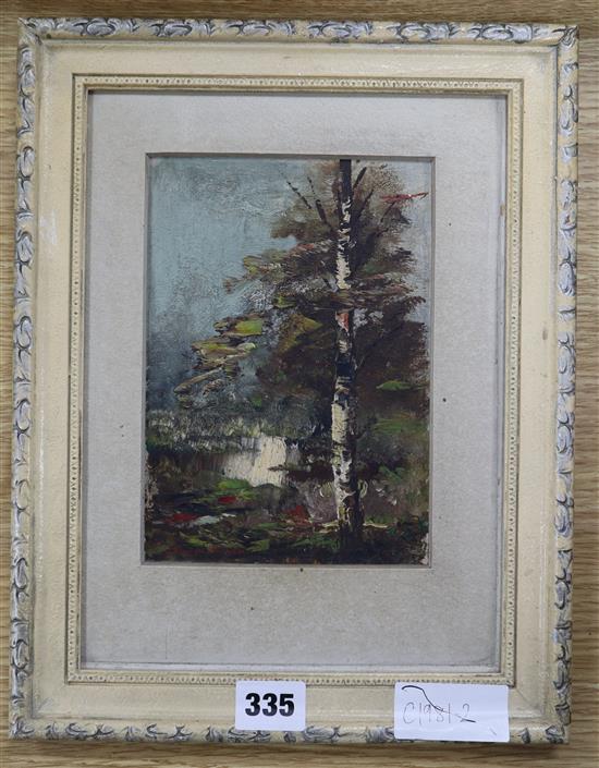 J.C. Zondleven, oil on card, Birch tree beside a river, 18 x 13cm